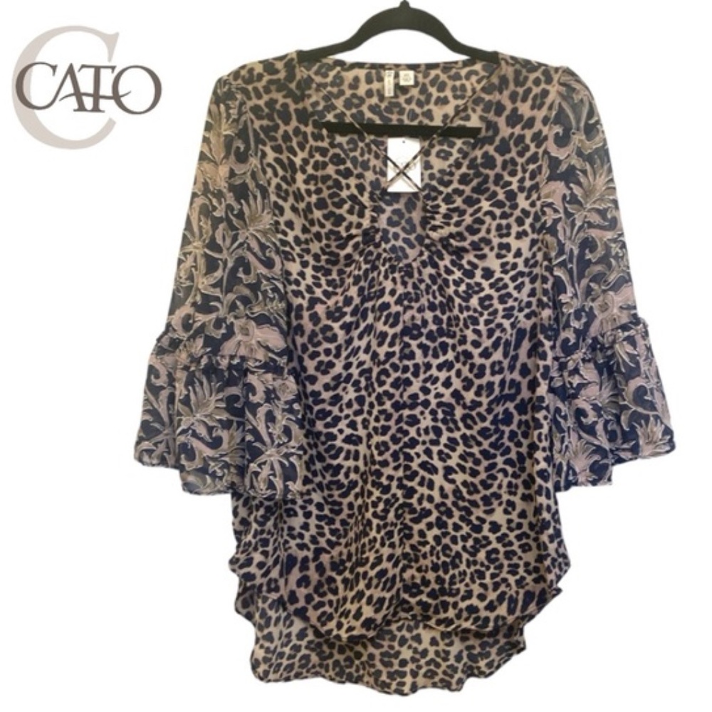 Cato Animal Print & Floral Sheer Sleeves Blouse